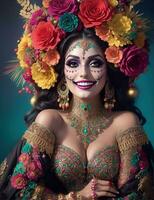 beautiful woman with painted skull on her face for Mexico's Day of the Dead, AI Generative photo