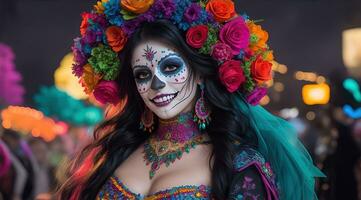 hermosa mujer con pintado cráneo en su cara para de mexico día de el muerto, ai generativo foto