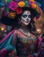 beautiful woman with painted skull on her face for Mexico's Day of the Dead, AI Generative photo