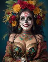 beautiful woman with painted skull on her face for Mexico's Day of the Dead, AI Generative photo