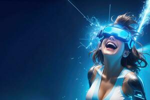 AI Generative, woman having fun in virtual reality, VR glasses photo
