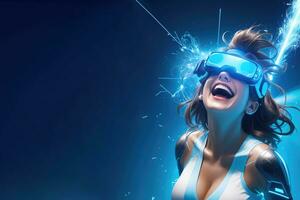 AI Generative, woman having fun in virtual reality, VR glasses photo