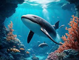 AI Generative, Wonderful and beautiful underwater world with whale, corals and tropical fish. photo