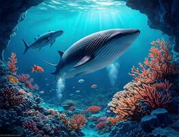 AI Generative, Wonderful and beautiful underwater world with whale, corals and tropical fish. photo