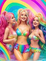 AI Generative, beautiful women styled like dolls with rainbow colors photo