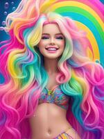 ai generativo, hermosa mujer estilizado me gusta muñecas con arco iris colores foto