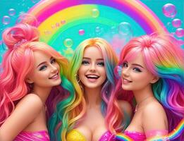 AI Generative, beautiful women styled like dolls with rainbow colors photo