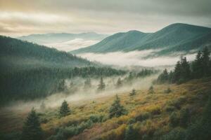 brumoso paisaje con abeto bosque en hipster Clásico retro estilo. ai generado foto