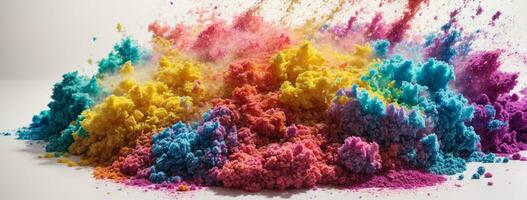 colorful rainbow holi paint color powder explosion isolated white wide panorama background. AI generated photo