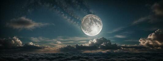 romántico Luna en estrellado noche terminado nubes ai generado foto
