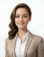 ai generativo, sonriente joven mujer de negocios en beige traje mirando a cámara terminado blanco antecedentes foto