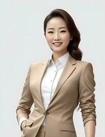 AI Generative, smiling young businesswoman in beige suit looking at camera over white background photo