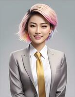 AI Generative, smiling young businesswoman in beige suit looking at camera over white background photo