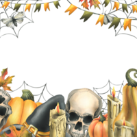 Human skulls with black witch hat, orange pumpkins, cobwebs, candles and autumn maple leaves. Hand drawn watercolor illustration for Halloween. Frame, template png