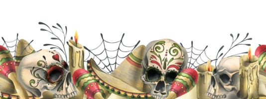 Ornamented human skull with a sombrero hat, maracas and candles. Hand drawn watercolor illustration for day of the dead, halloween, Dia de los muertos. Seamless border png