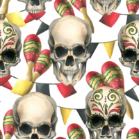 Ornamented human skulls with maracas, garland paper flags. Hand drawn watercolor illustration for day of the dead, halloween, Dia de los muertos. Seamless pattern png