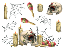 Human skull with an ornament, candles cobwebs and maracas. Hand drawn watercolor illustration for day of the dead, Halloween, Dia de los muertos. Set of isolated elements png