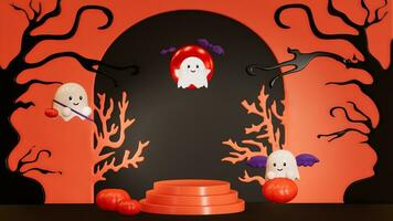 Halloween background design with podium for product advertising , banner , mockup , presentation on a orange background . 3D rendering photo