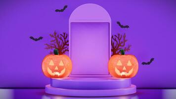 Halloween background design with podium for product advertising , banner , mockup , presentation on a purple background . 3D rendering photo