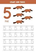 Trace numbers. Number 5 five. Cute cartoon platypus. vector