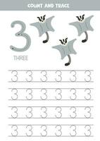 Trace numbers. Number 3 three. Cute cartoon sugar glider. vector