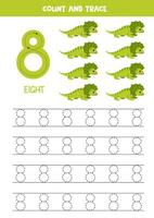 Numbers tracing practice. Writing number eight. Cute cartoon frilled neck lizard. vector