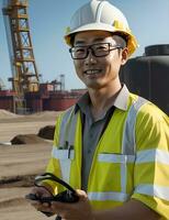 AI Generative, Young man site engineer with a safety vest and hardhat photo