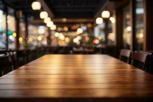 Empty wooden table top with lights bokeh on blur restaurant background.. AI generated photo