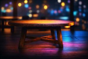 Wooden table, blurred bokeh background background. Neon light, night view, close-up. The general background of the interior, a dark background.. AI generated photo