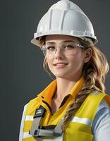 AI Generative, , Young female site engineer with a safety vest and hardhat photo