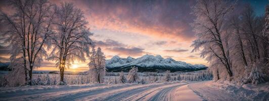 Road leading towards colorful sunrise between snow covered trees with epic milky way on the sky. AI generated photo
