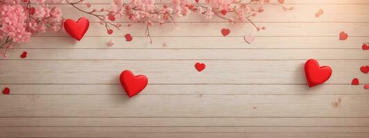 Valentines day background with red hearts on wooden background. AI generated photo