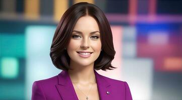 a photo of a tv news female presenter on a popular channel. live stream broadcast on television. AI Generative