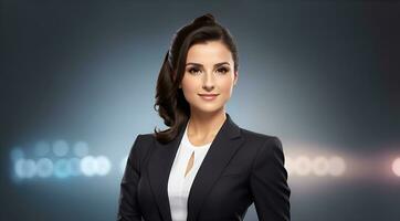 a photo of a tv news female presenter on a popular channel. live stream broadcast on television. AI Generative