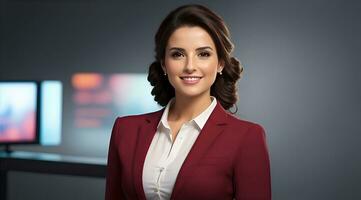 a photo of a tv news female presenter on a popular channel. live stream broadcast on television. AI Generative