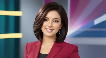 un foto de un televisión Noticias hembra presentador en un popular canal. En Vivo corriente transmitir en televisión. ai generativo