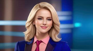 a photo of a tv news female presenter on a popular channel. live stream broadcast on television. AI Generative