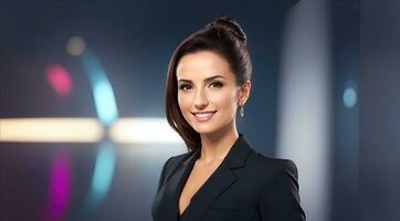 a photo of a tv news female presenter on a popular channel. live stream broadcast on television. AI Generative