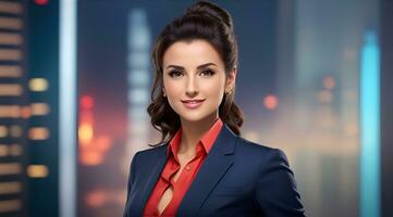 a photo of a tv news female presenter on a popular channel. live stream broadcast on television. AI Generative