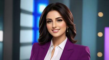 a photo of a tv news female presenter on a popular channel. live stream broadcast on television. AI Generative