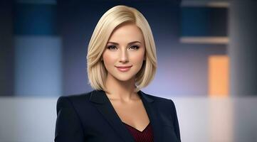 a photo of a tv news female presenter on a popular channel. live stream broadcast on television. AI Generative