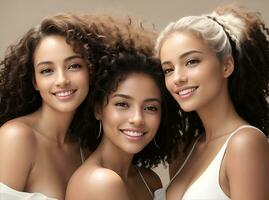 AI Generative, Nature young Beauty. Multi Ethnic Group of Womans with diffrent types of skin together photo