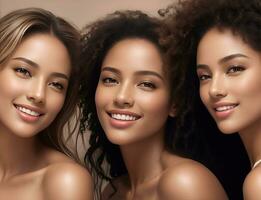 AI Generative, Nature young Beauty. Multi Ethnic Group of Womans with diffrent types of skin together photo