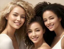 AI Generative, Nature young Beauty. Multi Ethnic Group of Womans with diffrent types of skin together photo