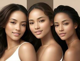 AI Generative, Nature young Beauty. Multi Ethnic Group of Womans with diffrent types of skin together photo