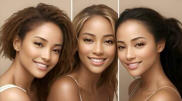 AI Generative, Nature young Beauty. Multi Ethnic Group of Womans with diffrent types of skin together photo