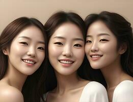 AI Generative, Nature young Beauty. Multi Ethnic Group of Womans with diffrent types of skin together photo