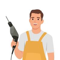 Young man mechanic in uniform holding repairing tools in hands. Happy repairman or engineer with drill. vector