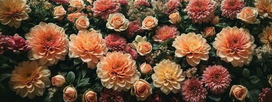 Artificial Flowers Wall for Background in vintage style. AI generated photo
