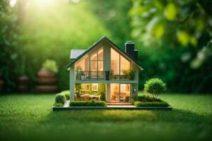 Copy space of home and life concept. Small model home on green grass with sunlight abstract background.. AI generated photo